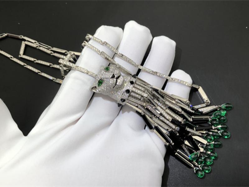 Cheetah long necklace, onyx, versatile to wear, large size, set with diamonds in 18K white gold