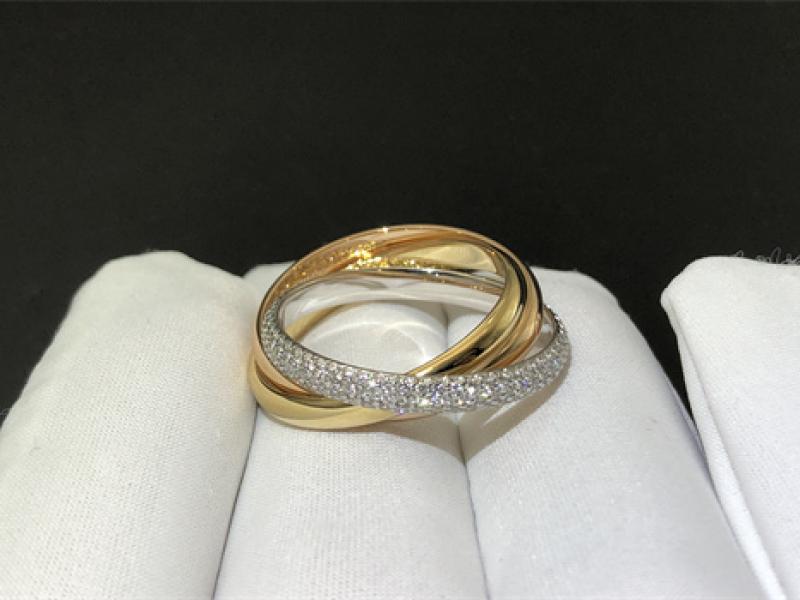 TRINITY ring, small size, half set with diamonds in 18K white gold, 18K yellow gold, 18K rose gold