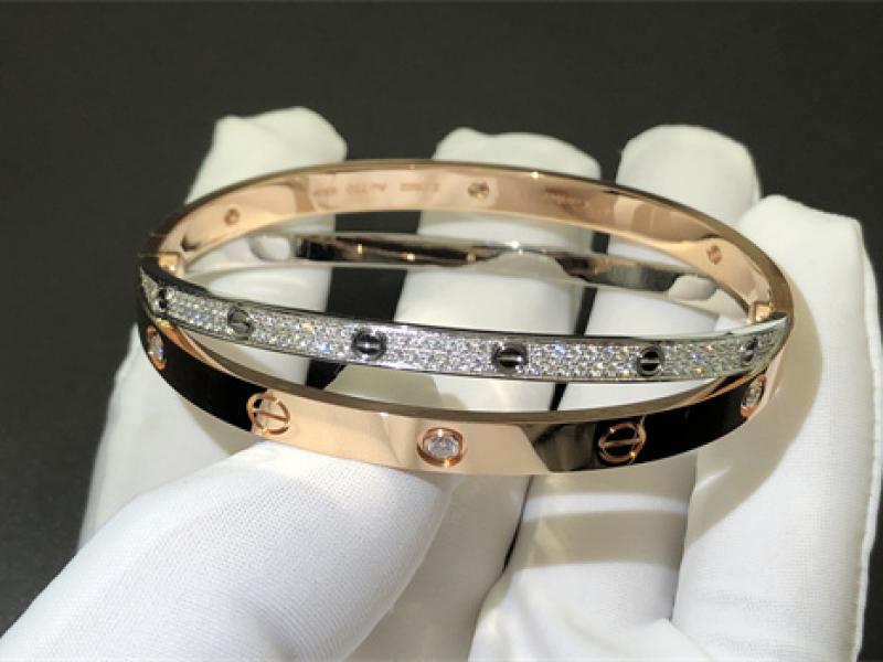 LOVE bracelet, set with diamonds, single screw opening white gold, rose gold